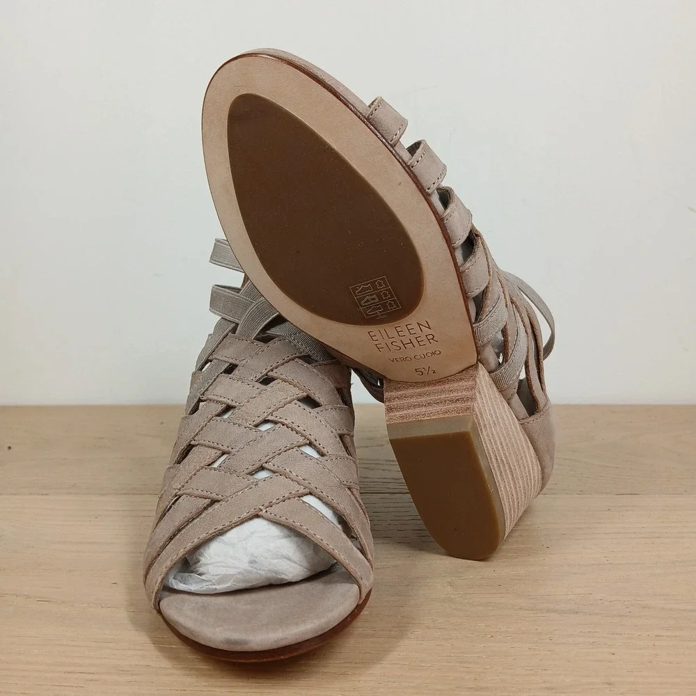 Eileen Fisher Cage Wedge Sandals Womens 5.5 Taupe Suede Woven Strappy Back Zip